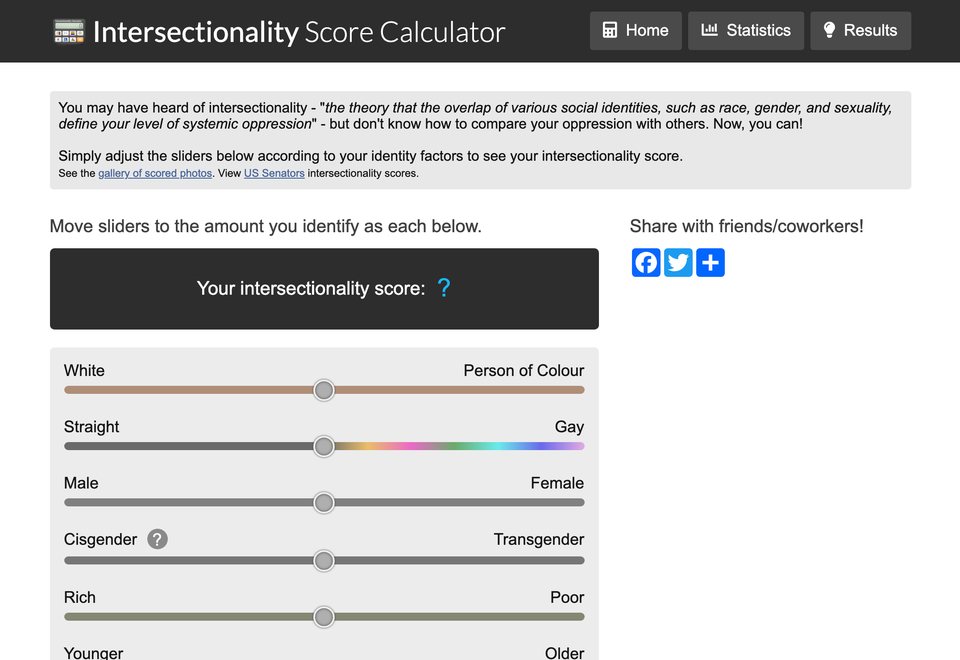 The IntersectionalityScore.com calculator: thirteen colored sliders under a dark score box